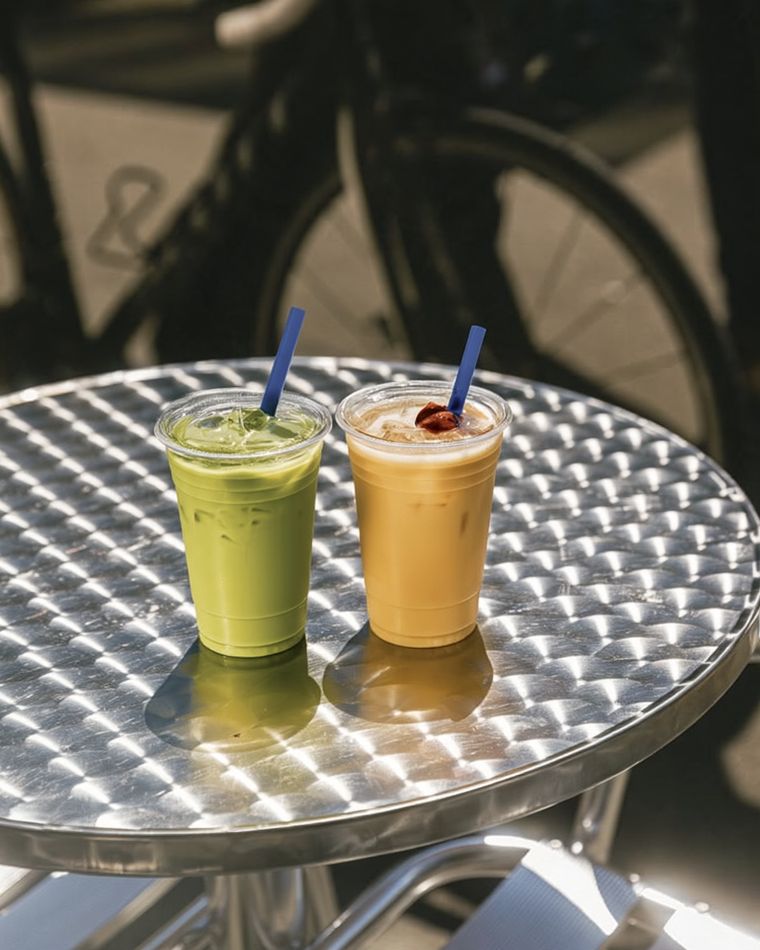 An iced matcha and an iced latte on a café table