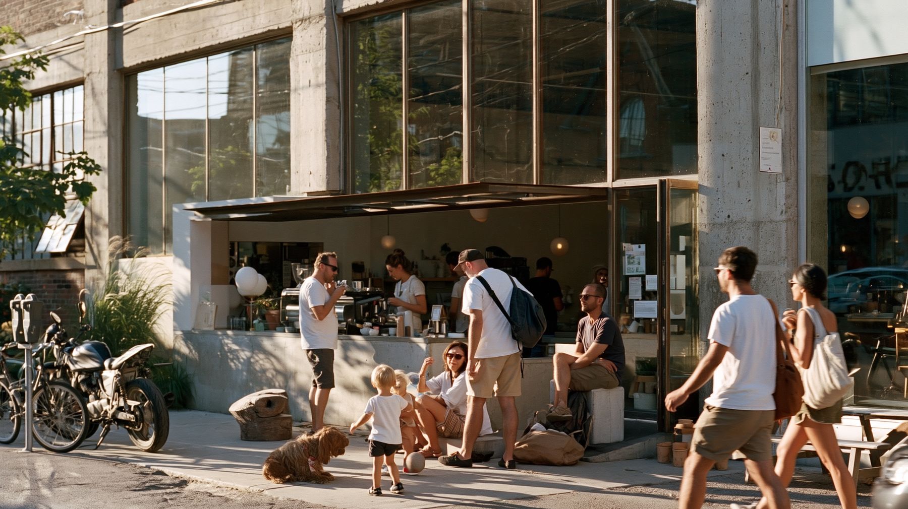 Families and neighbours outside a café on a Toronto street in late afternoon light