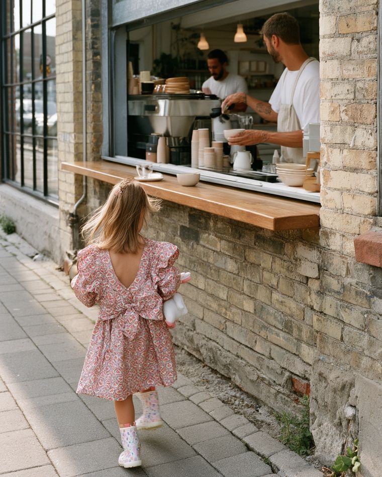 A child walking towards a café takeout window