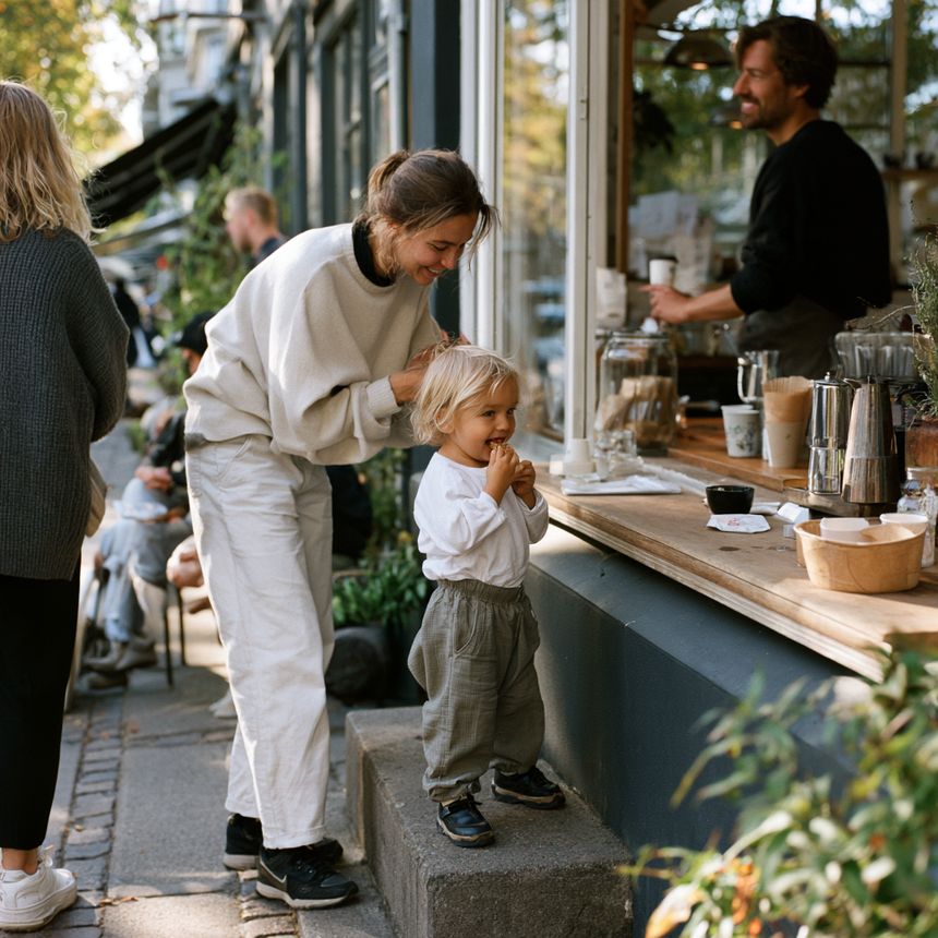 An adult crouching beside a toddler at a café window